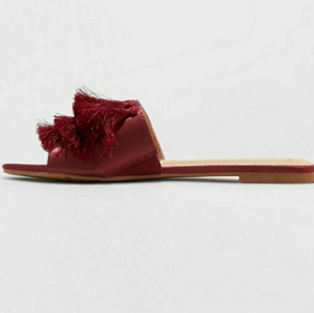 Satin Fringe Slide Burgundy Sandals - Picture 2 of 3